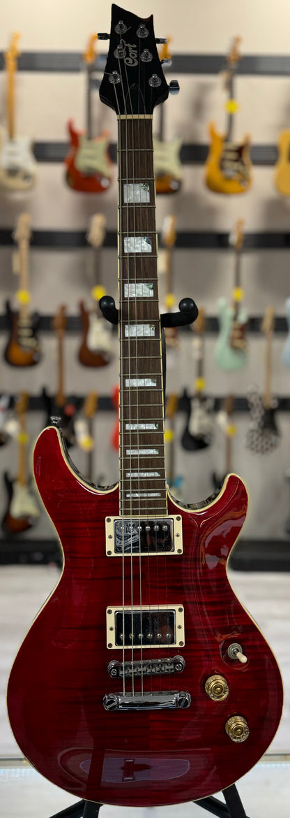 Full front of Used Cort M600 Flame Top Cherry w/case