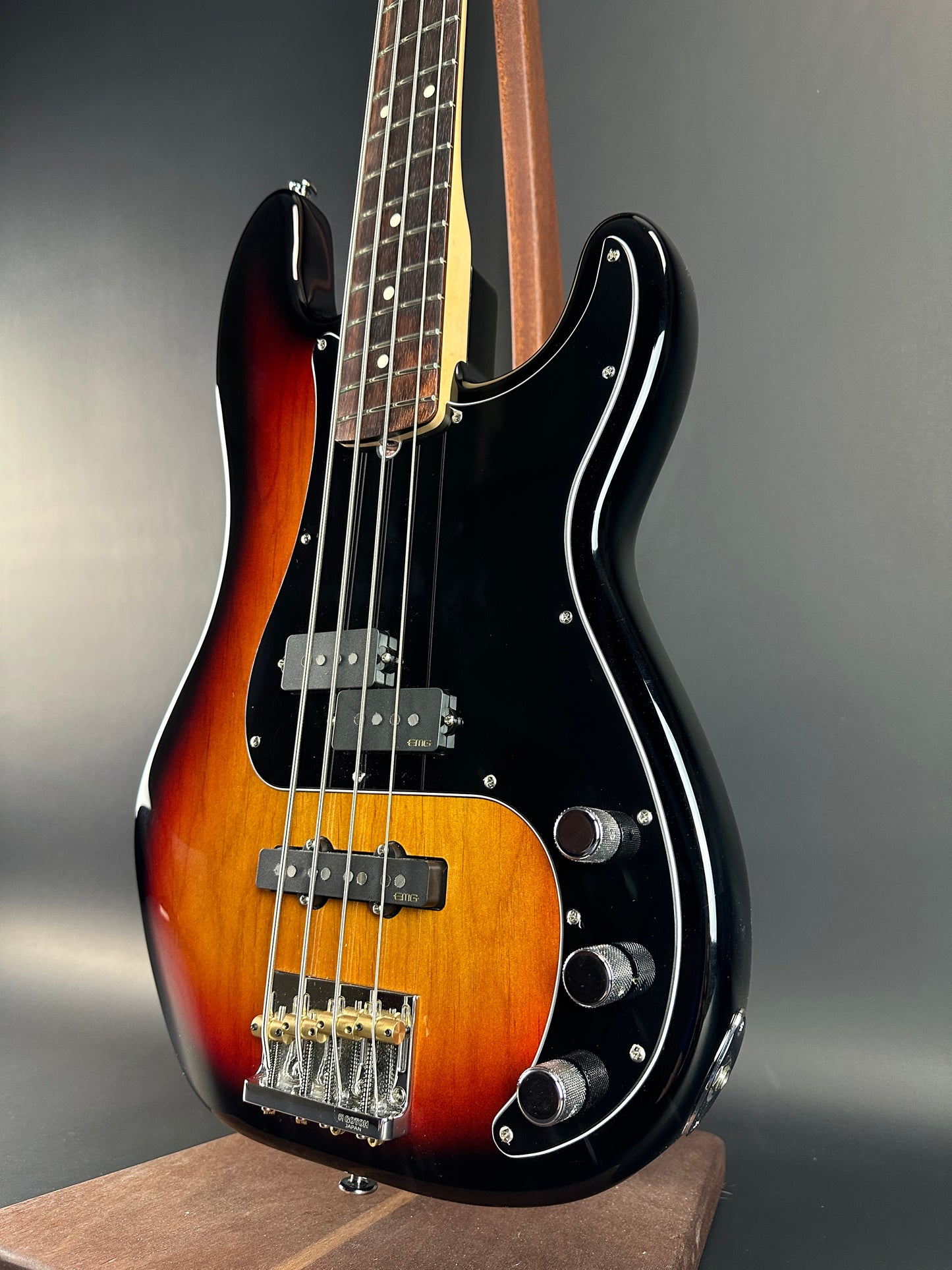 Front angle of Used 2013 Fender American Performer P Bass Sunburst.