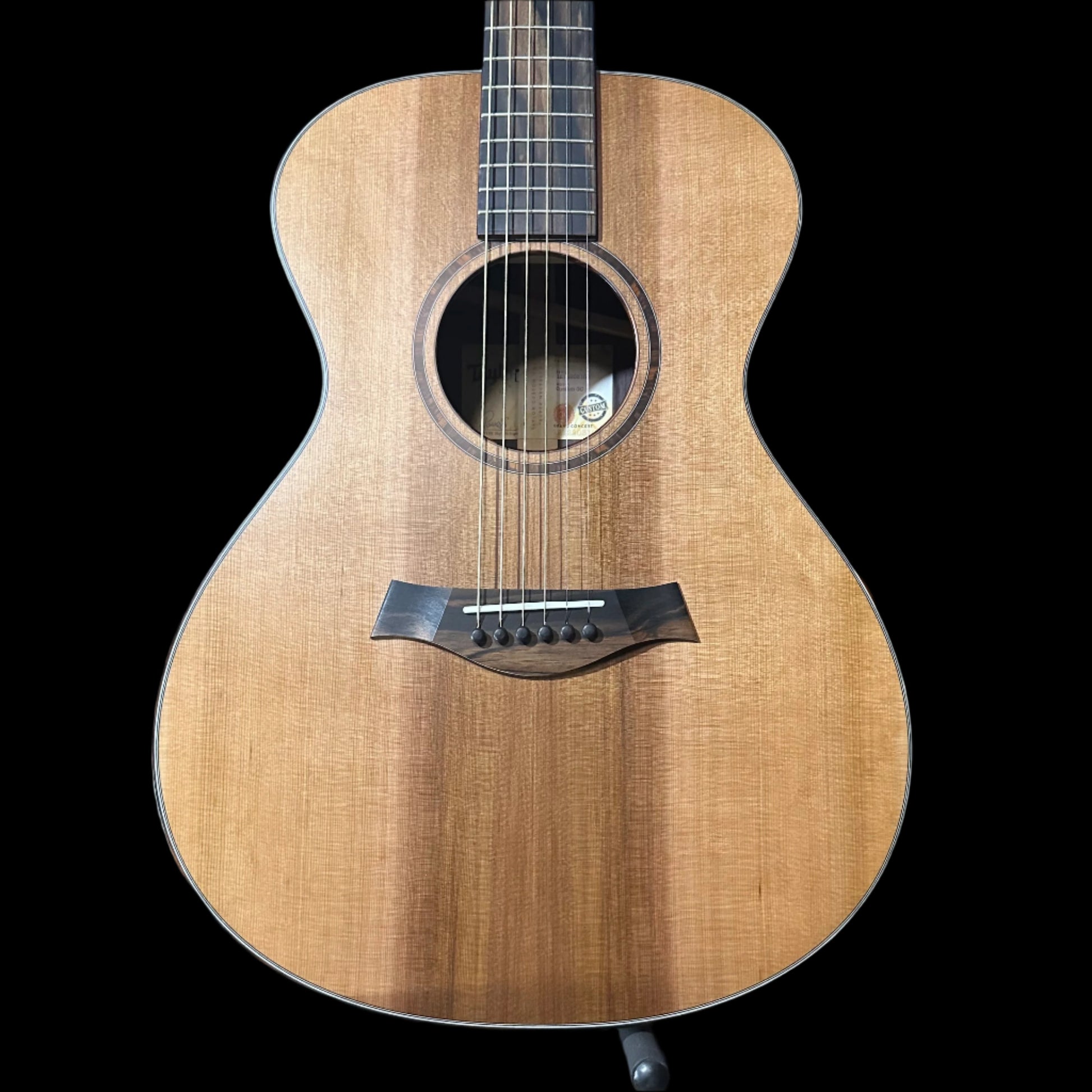 Front of Used Taylor Custom GC Stripey Cedar & Rosewood w/ "Super Necessary" Custom Label w/case TSS4826