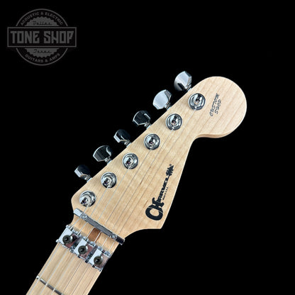 Front of headstock of Charvel Custom Shop SD 2H FR Silver Sparkle.