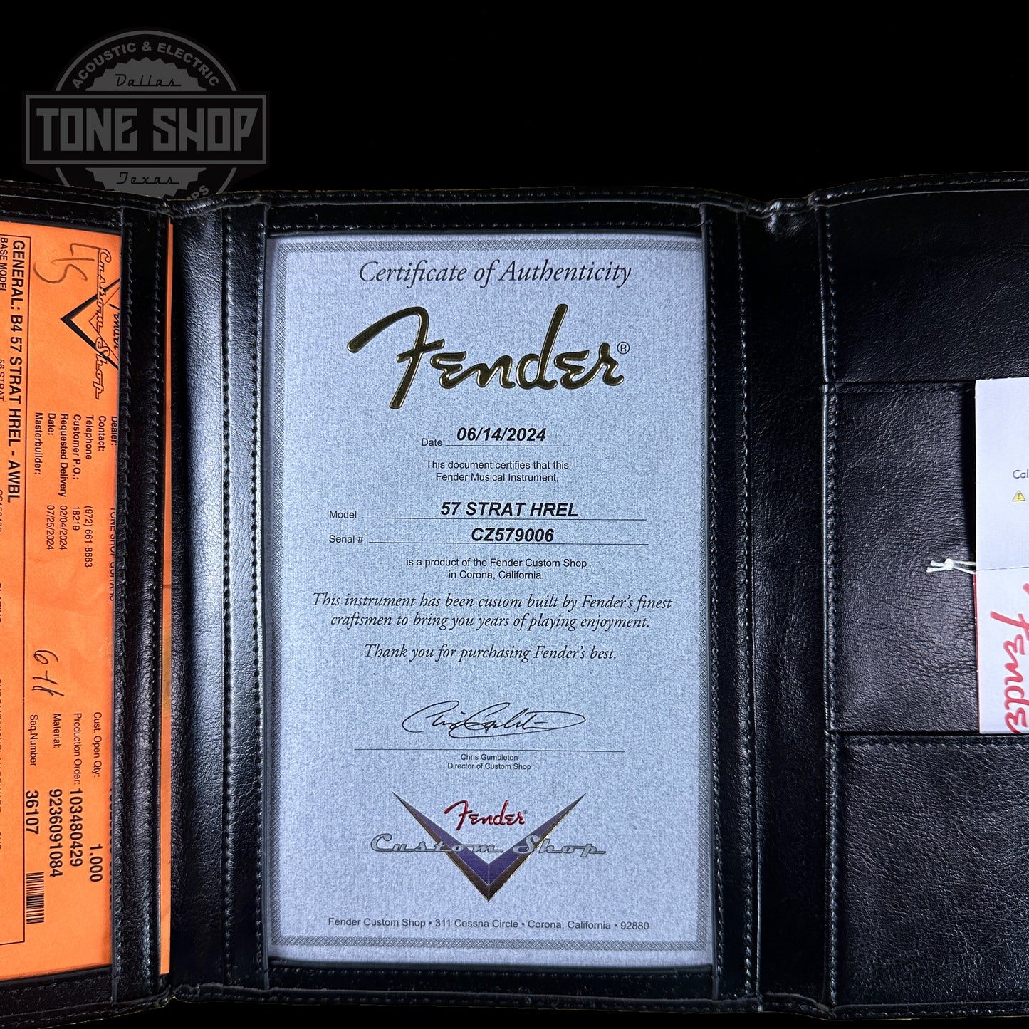 Certificate of authenticity for Fender Custom Shop Time Machine '57 Strat Heavy Relic Aged White Blonde.