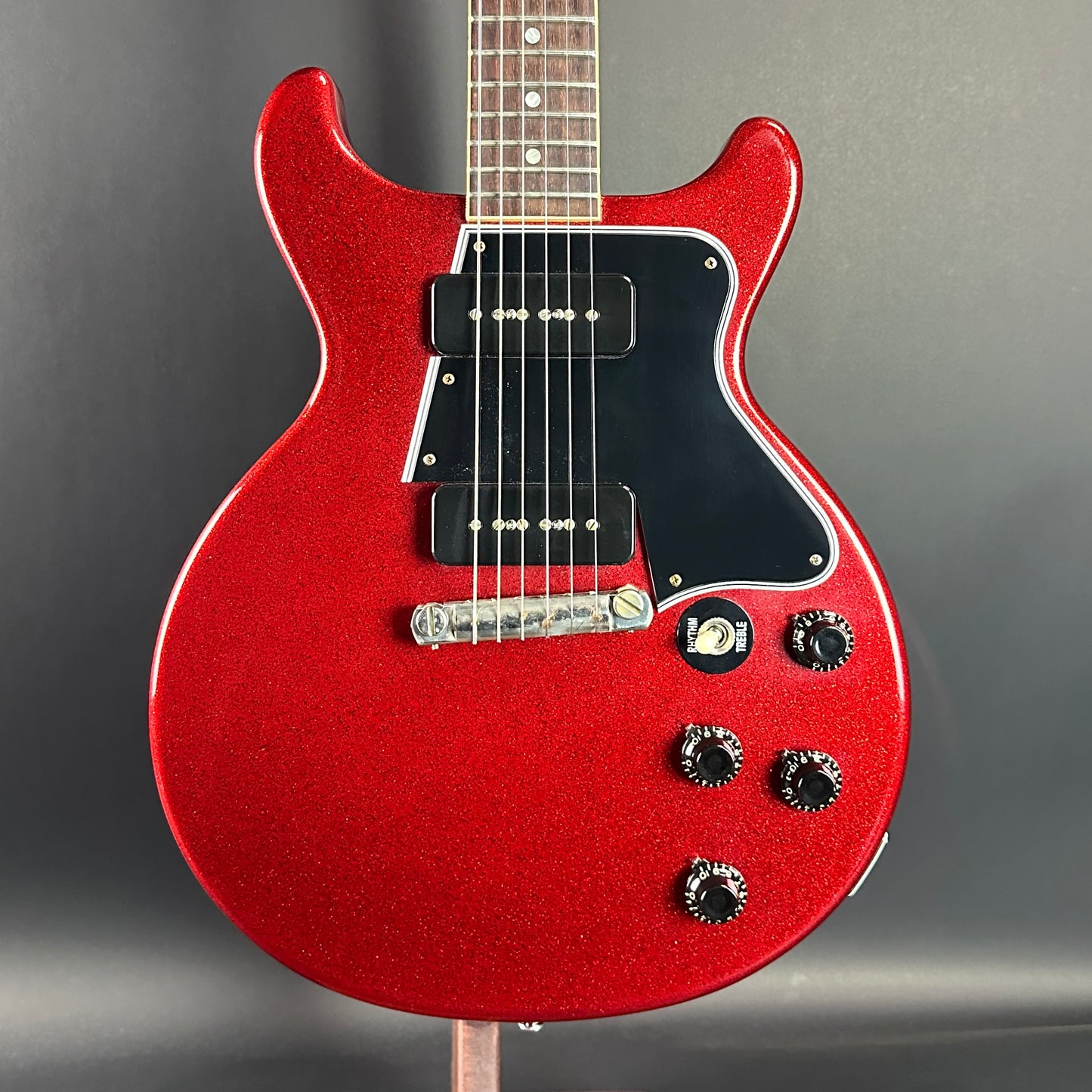 Front of Used Gibson Custom Shop M2M 1960 Les Paul Special Double Cut Red Sparkle.