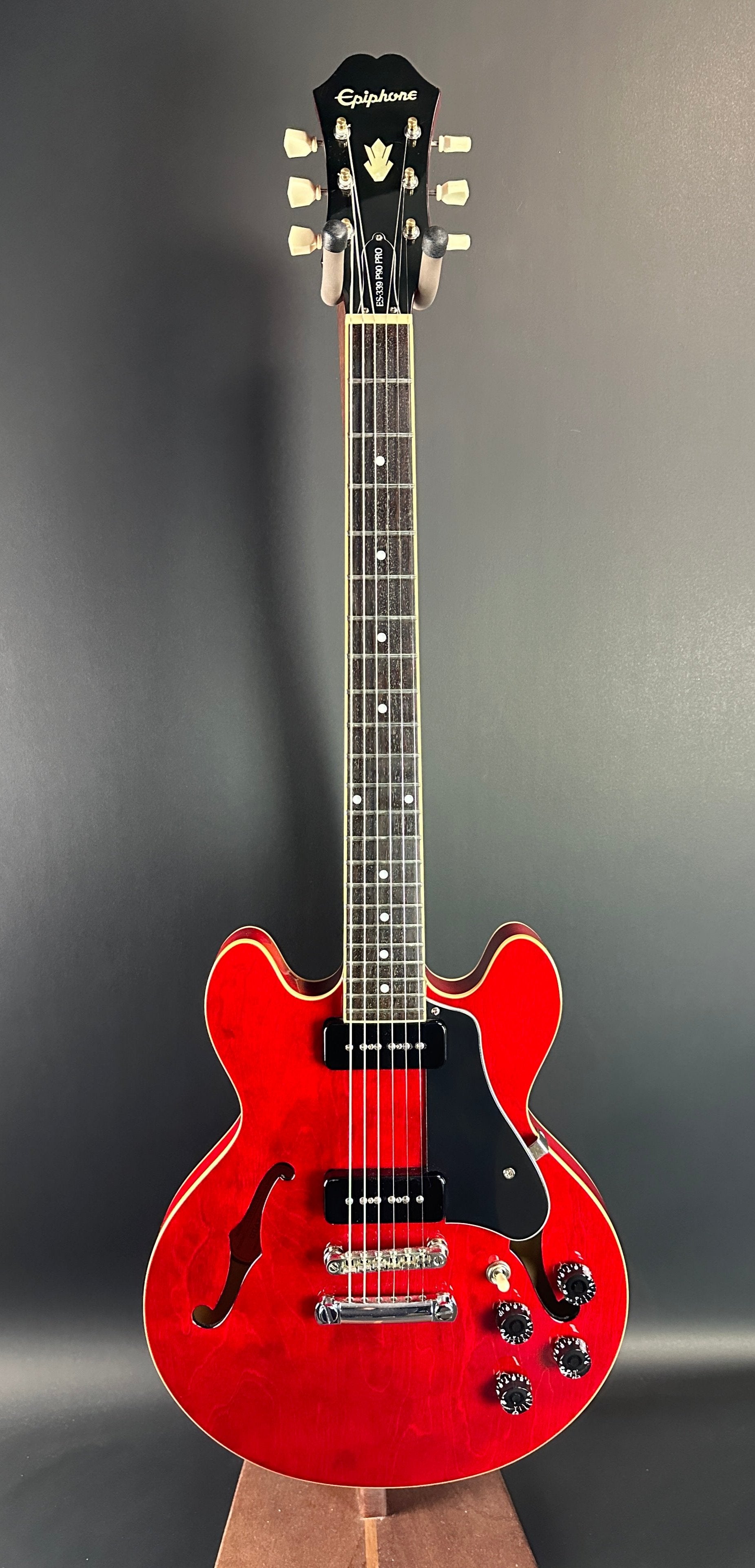 Full front of Used Epiphone ES-339 Pro P90 Red.