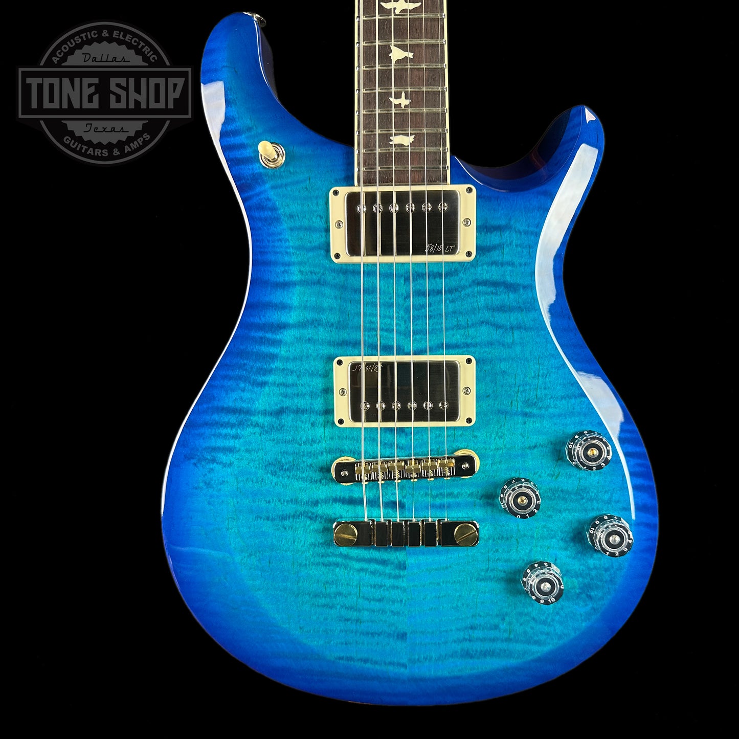 Front of PRS S2 McCarty 594 2024 Spec TSG Flame Top Lake Blue.