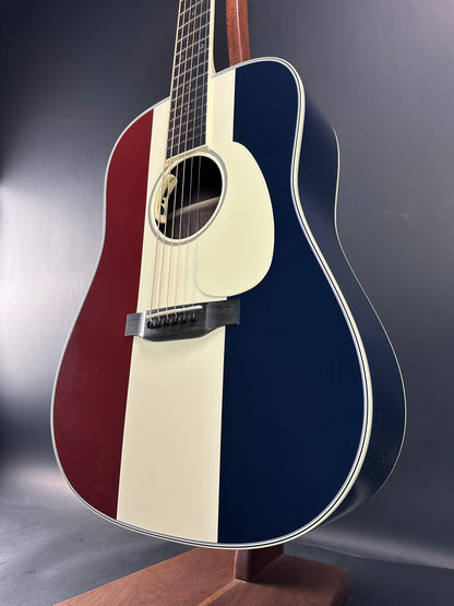 Front angle of Used Martin Custom Shop D-28 Red/White/Blue Adirondack/EIR.