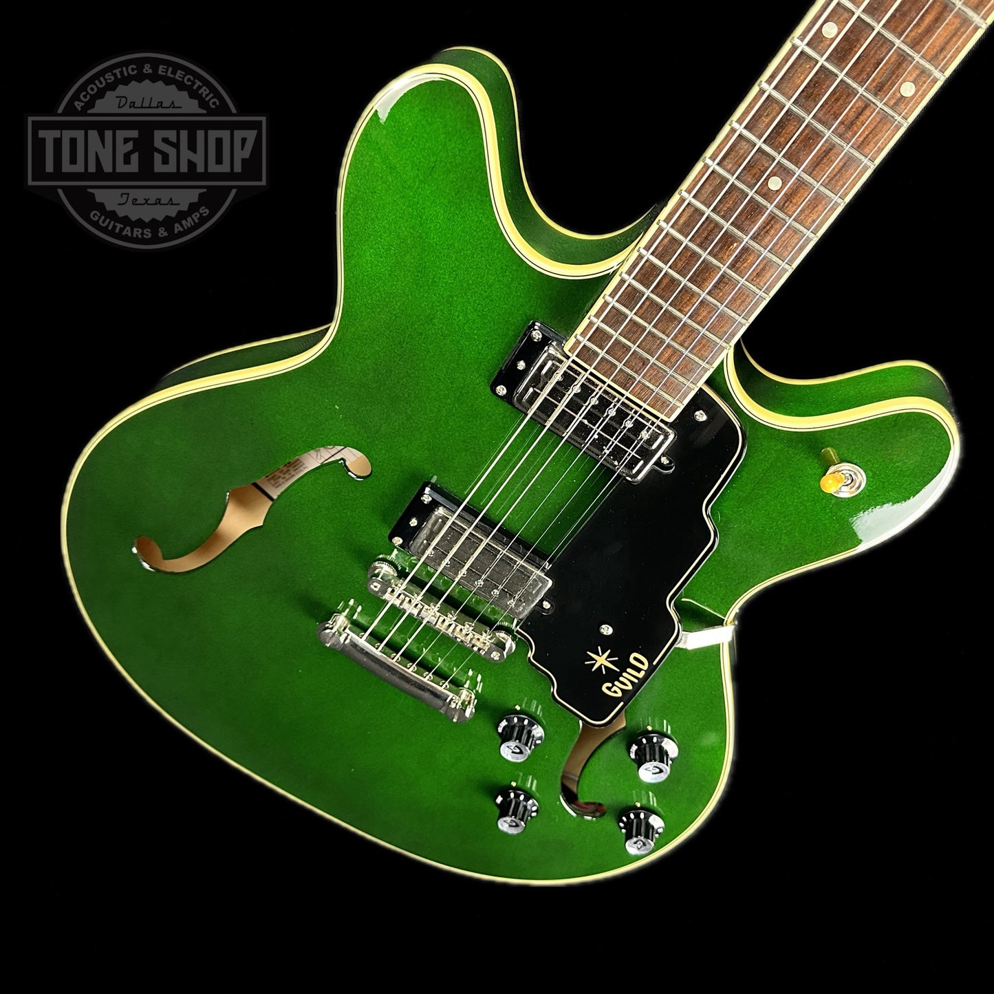 Front angle of Used Guild Starfire IV Green.