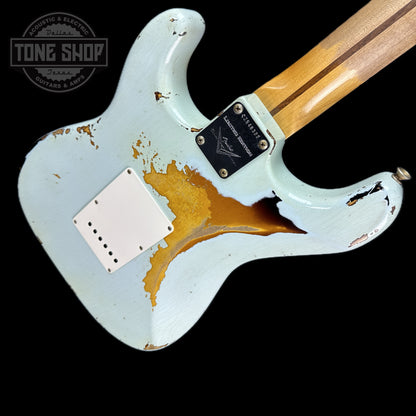 Back angle of Used 2020 Fender Custom Shop '56 Stratocaster Sonic Blue Over 3 Tone Sunburst.