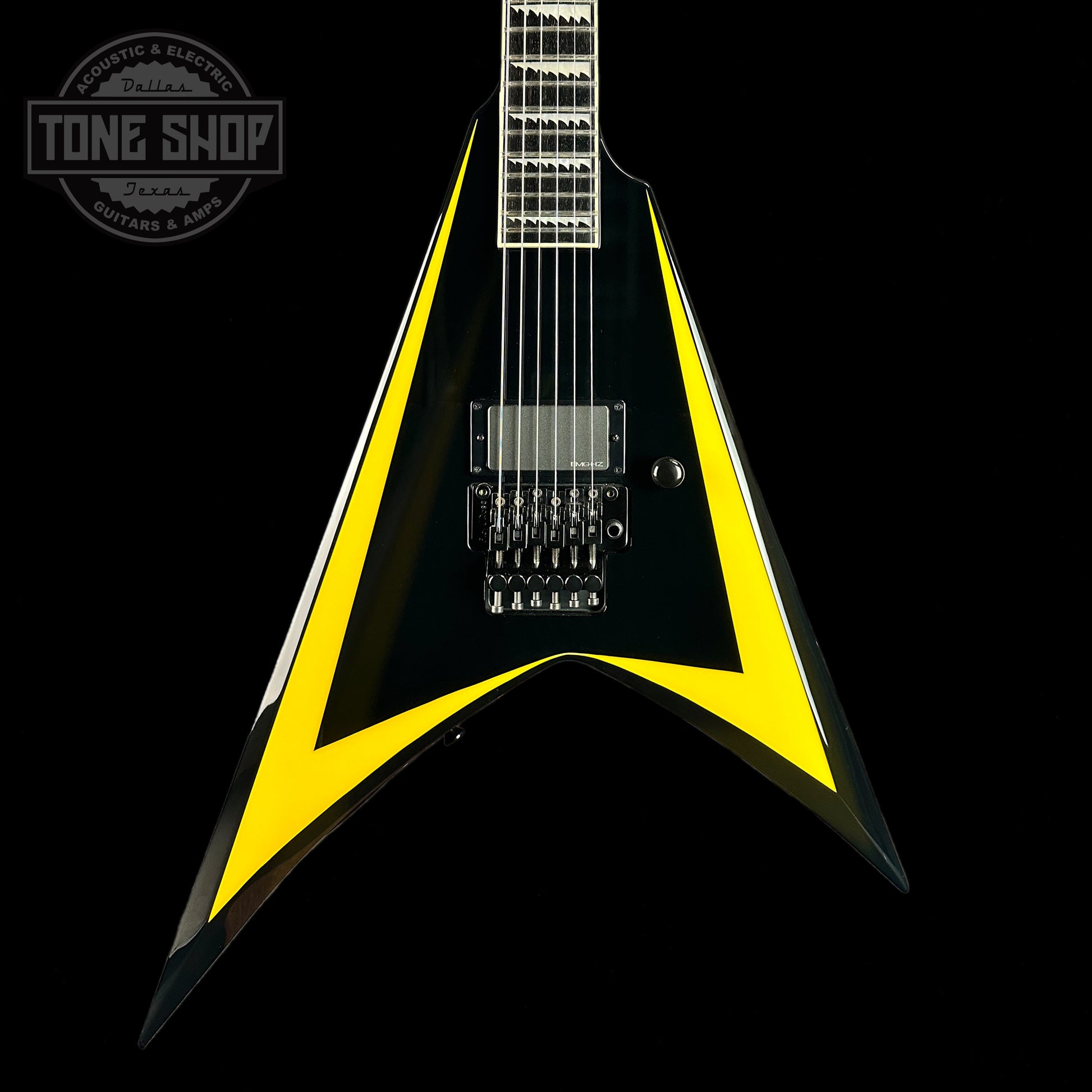 Front of Used ESP Alexi Laiho Signature Black with Yellow.