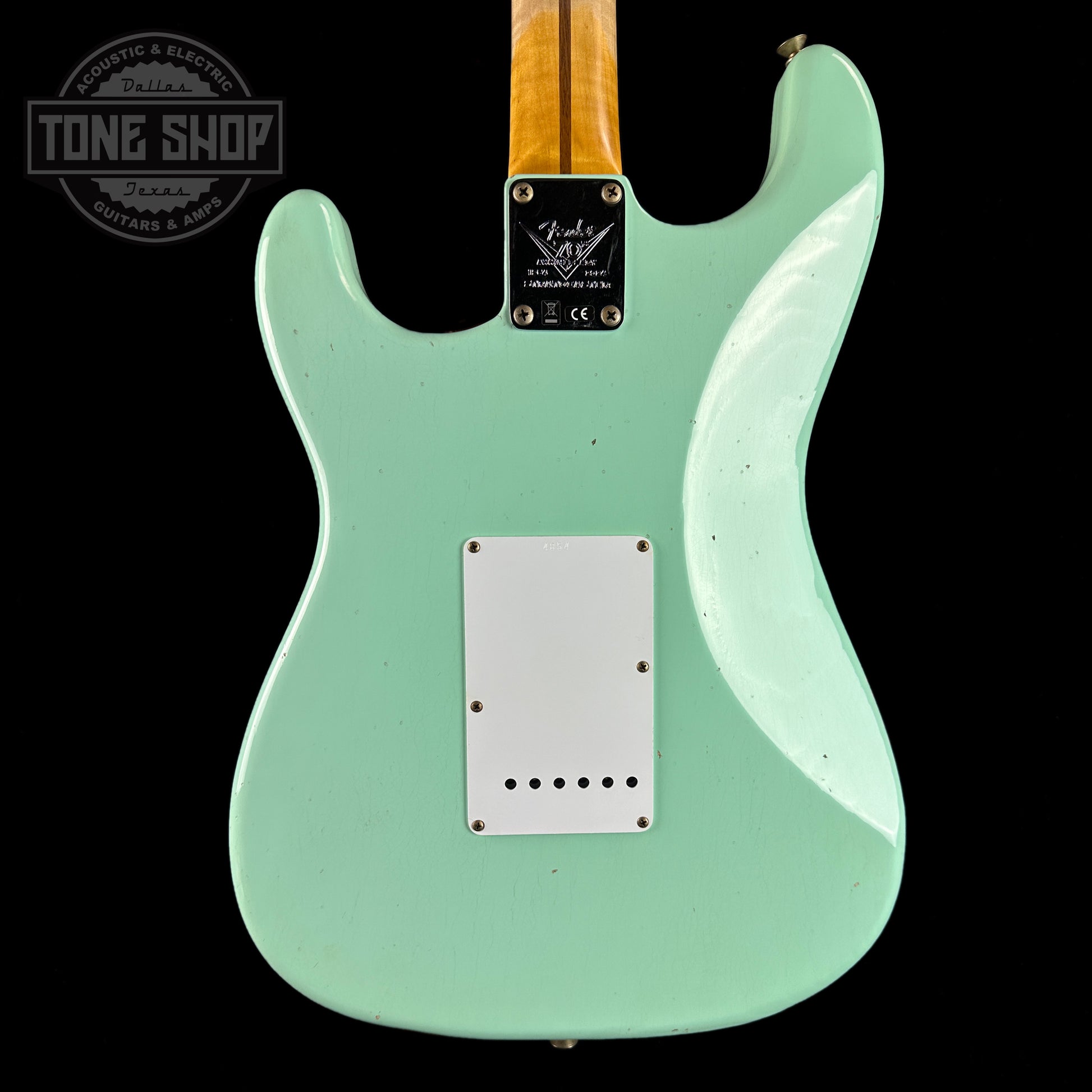 Back of Fender Custom Shop LTD 70th Anniversary 1954 Stratocaster Surf Green.