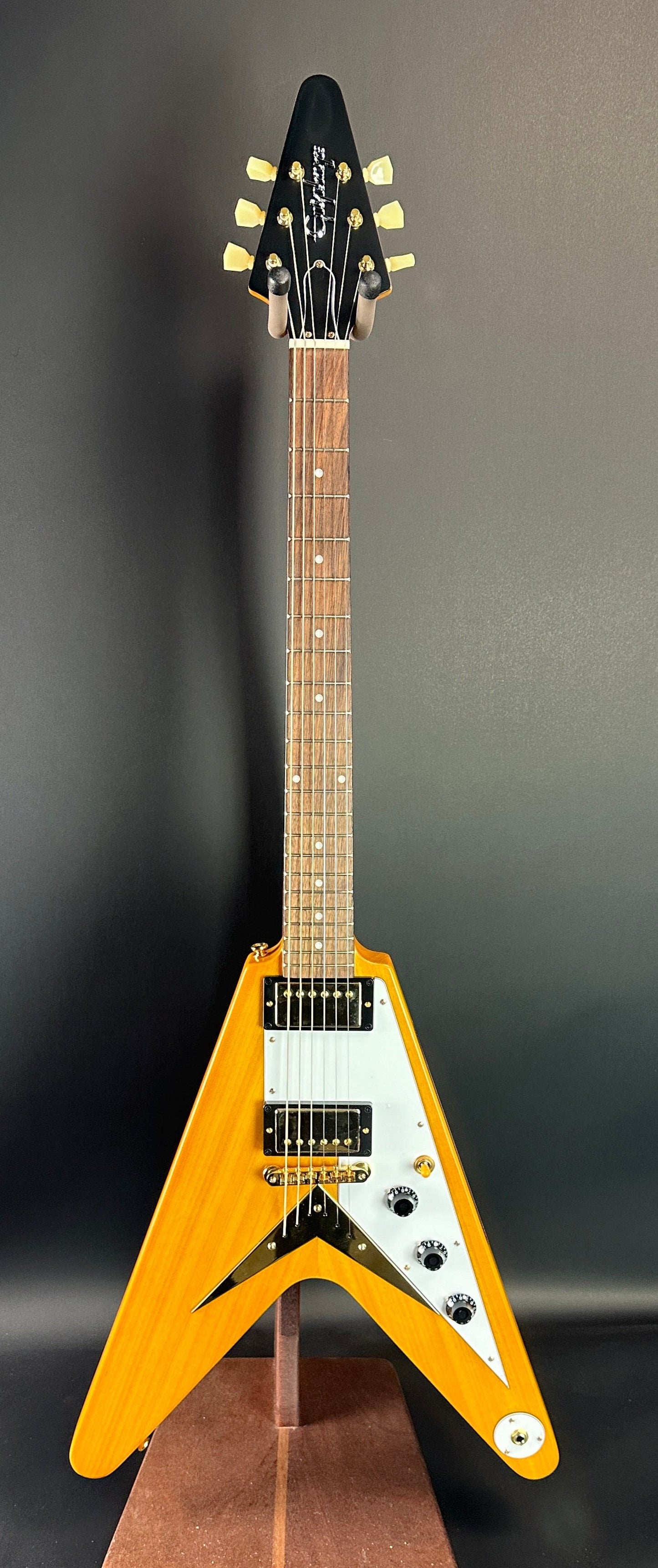 Full front of Used Epiphone 1958 Korina Flying V.