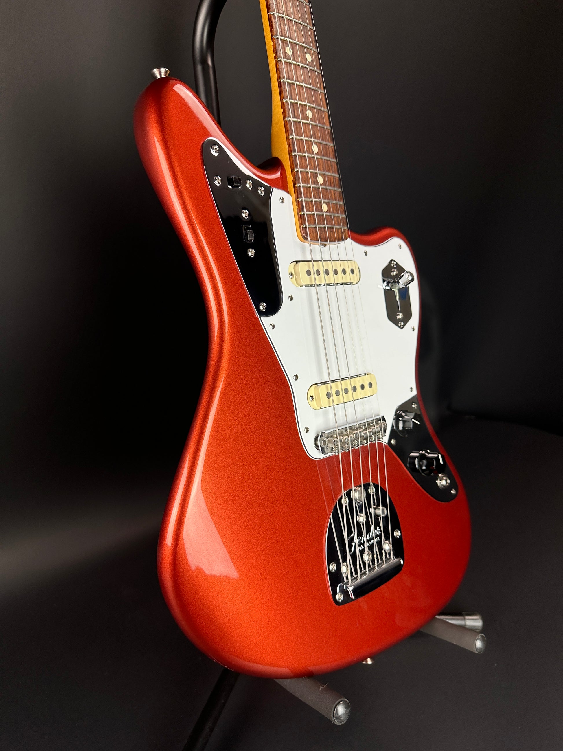 Front angle of Used 2016 Fender Johnny Marr Jaguar Metallic KO.