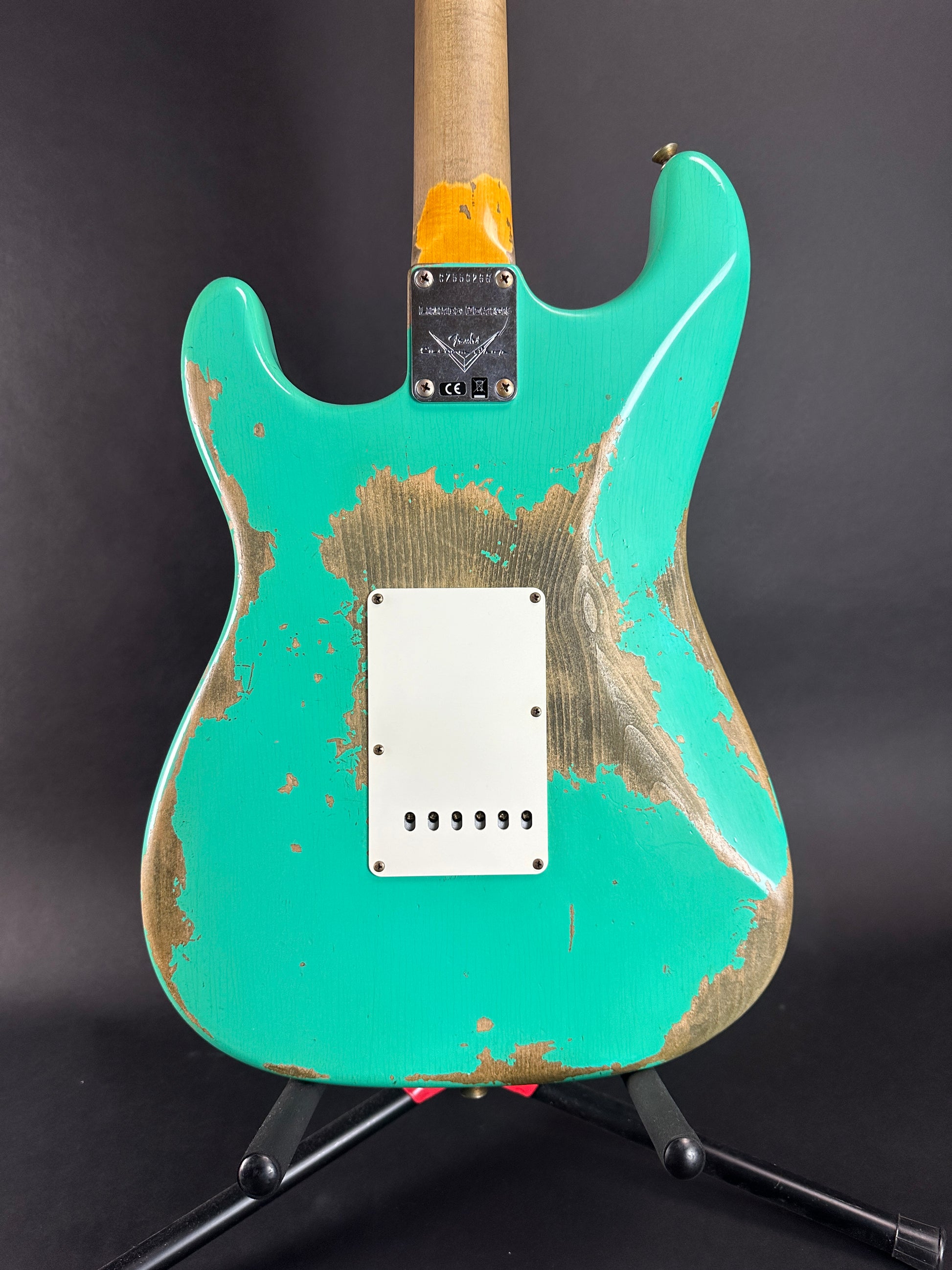 Back of body of Used Fender Custom Shop Dual Mag II Strat Relic Seafoam Green.