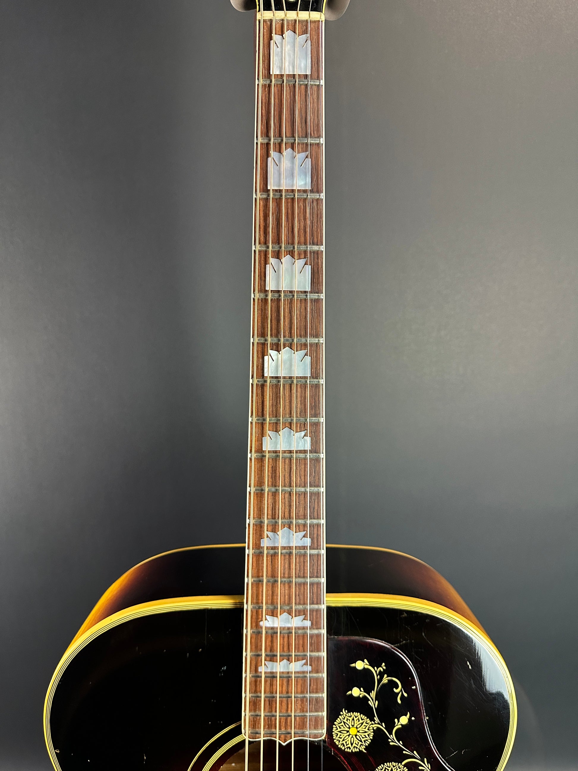 Fretboard of Vintage 1954 Gibson SJ-200 Sunburst.