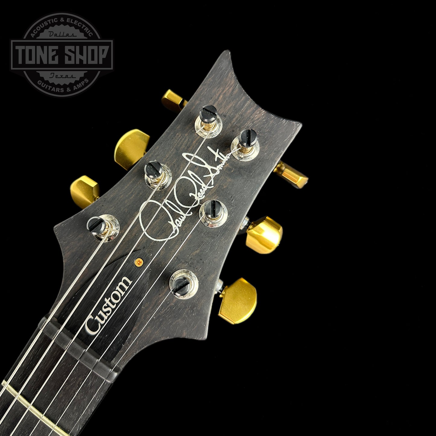 Front of headstock of Used PRS Custom 24 10-Top Aquableux Smokeburst.