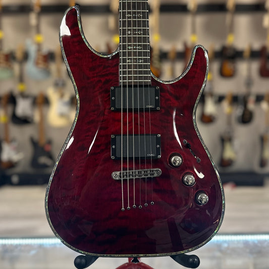 Front of Used Schecter Hellraiser C-1 Quilt Top Cherry w/case TSS4508
