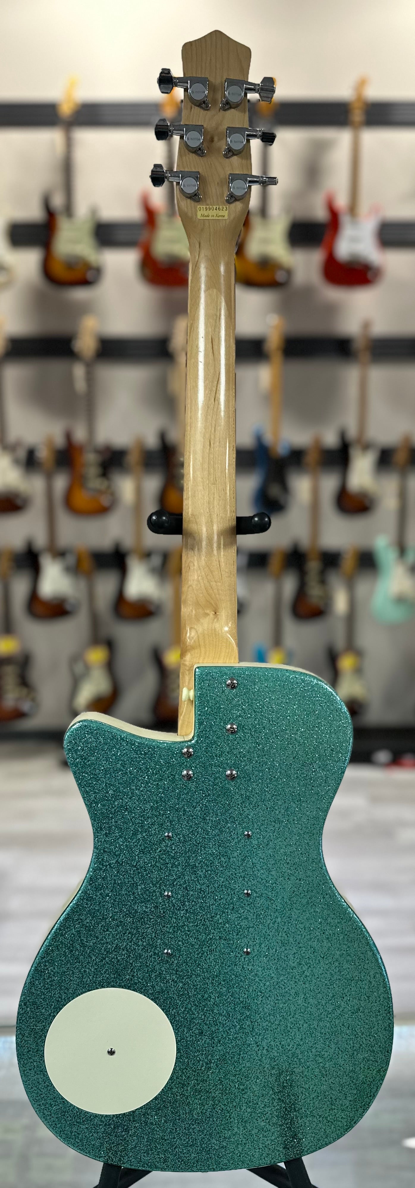 Full back of Used Danelectro 56 U-3 Green Sparkle TSS4413