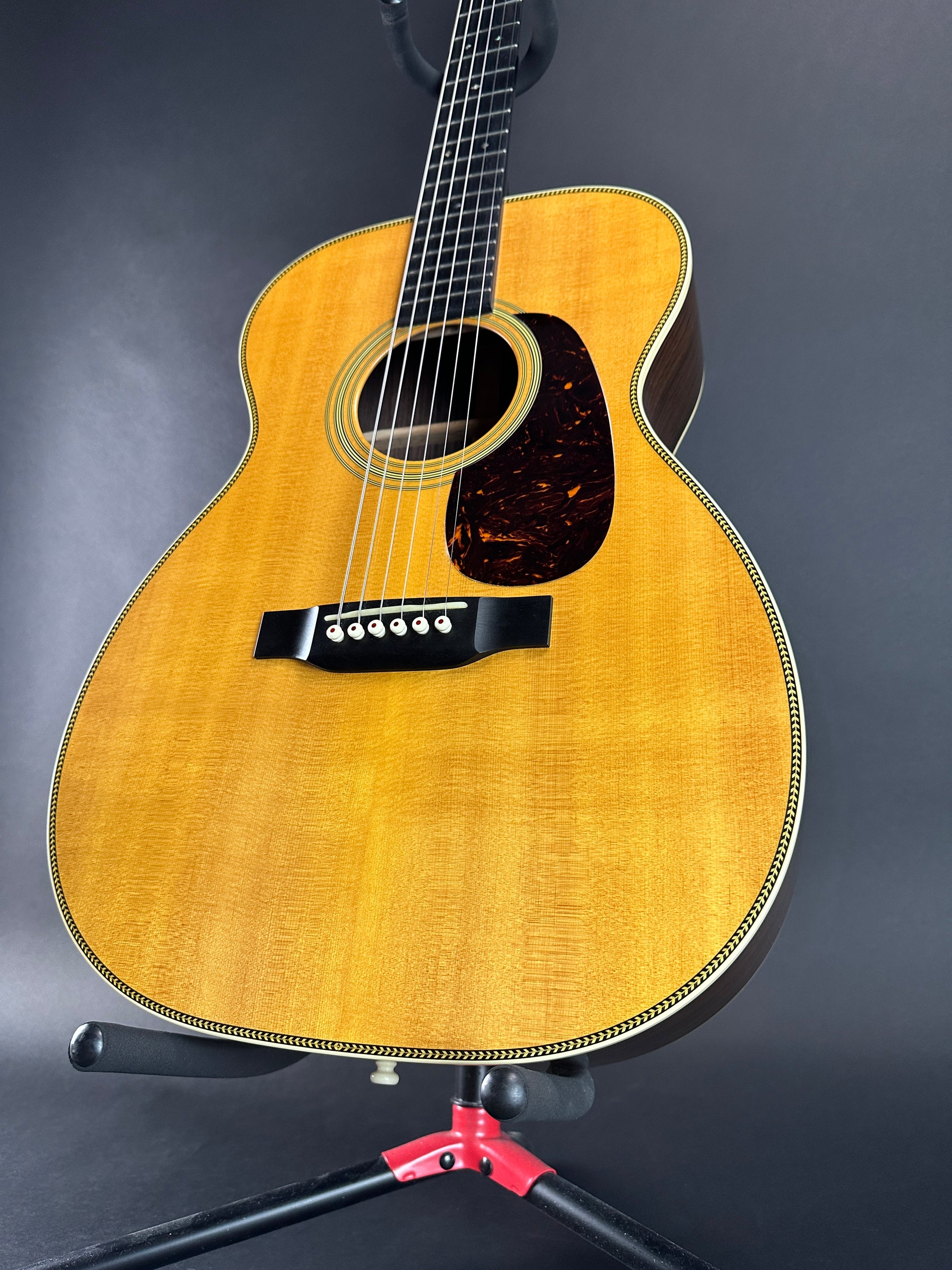 Front angle of Used Martin 00-28 Natural.