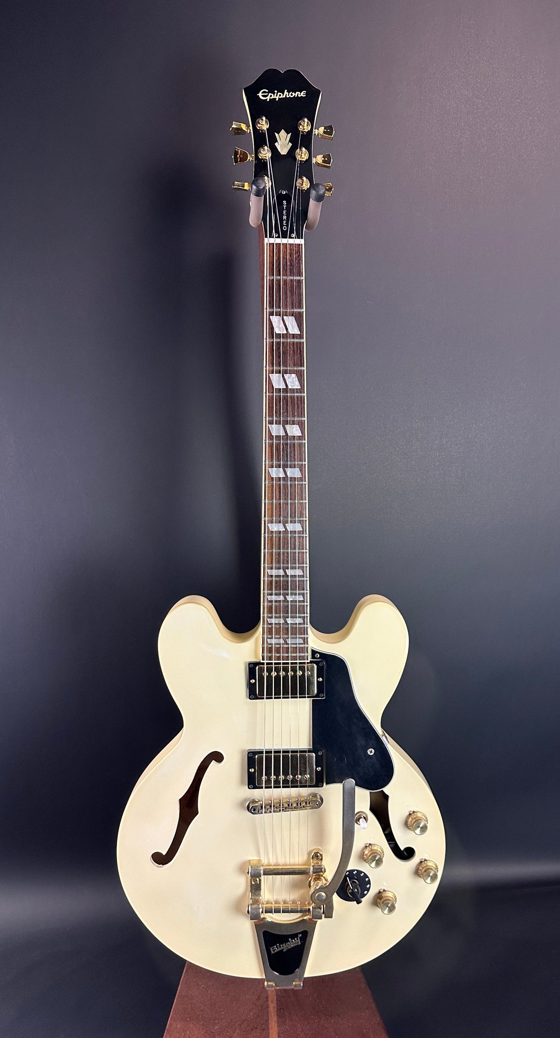 Full front of Used Epiphone ES-345 Antique White.