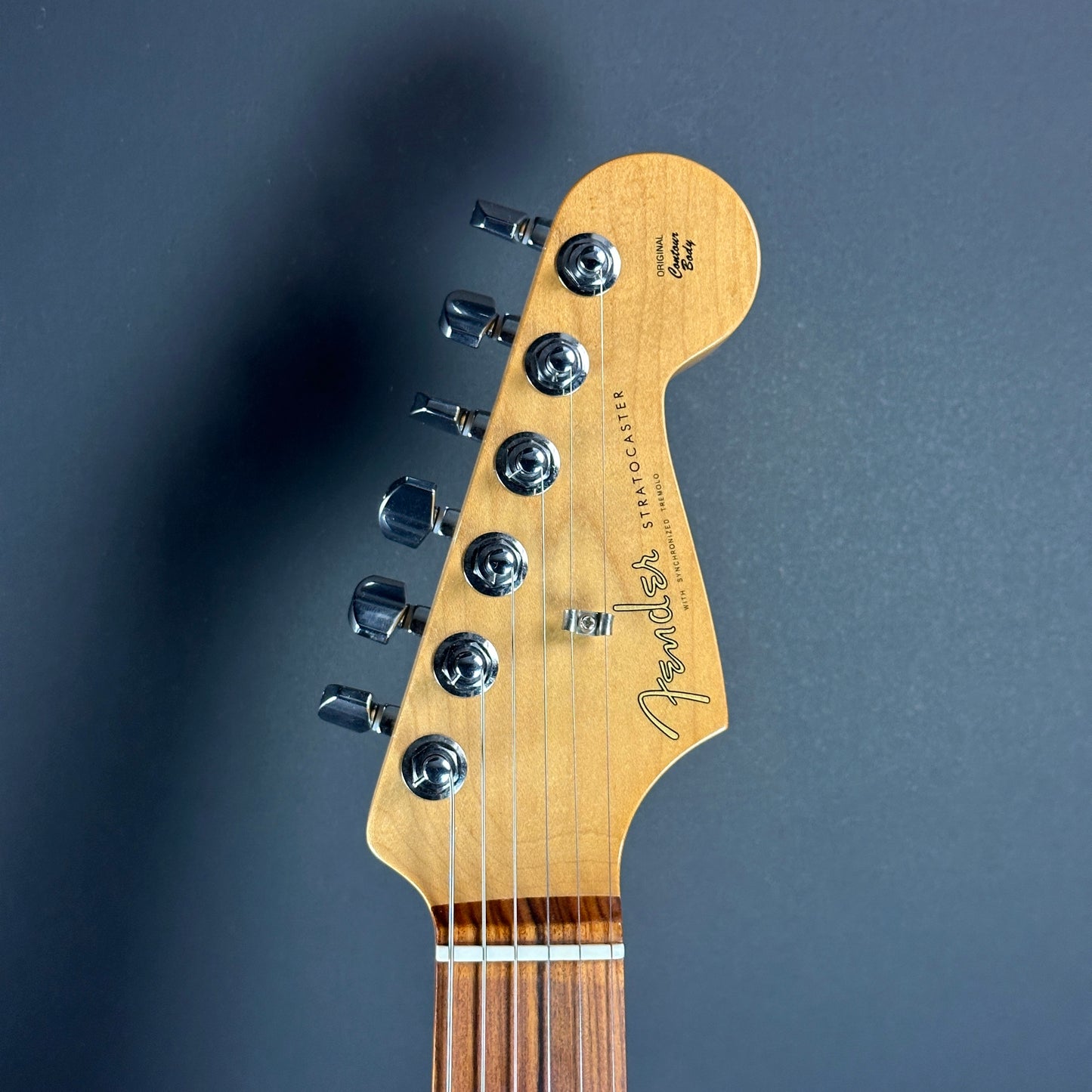 Front of headstock of Used Fender Hendrix Monterey Strat.