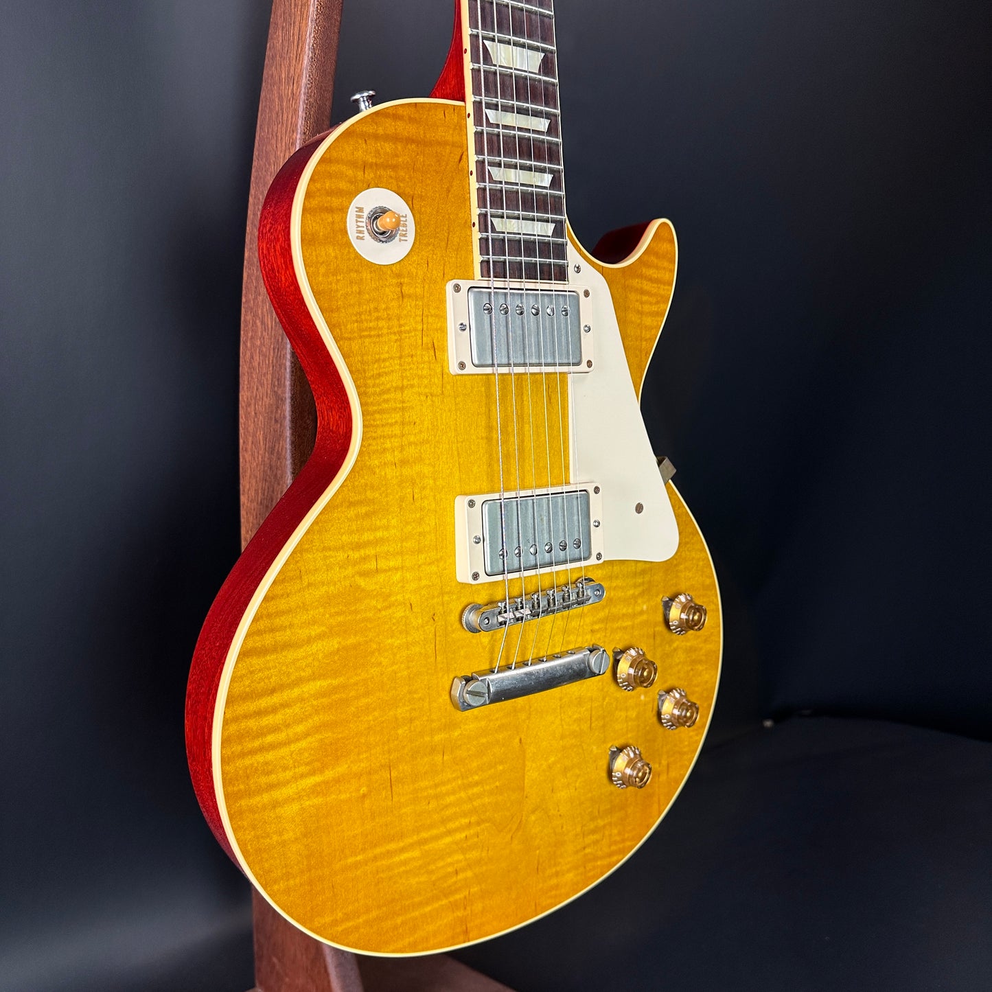 Front angle of Used 2014 Gibson 1958 Les Paul Reissue VOS Lemonburst.