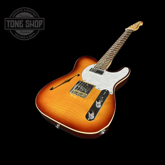 Front angle of Used Vintage V72 Thin Line Custom Spec Deluxe Flame Tobacco Burst.