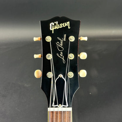 Front of headstock of Used Gibson Custom Shop M2M 1960 Les Paul Special Double Cut Red Sparkle.