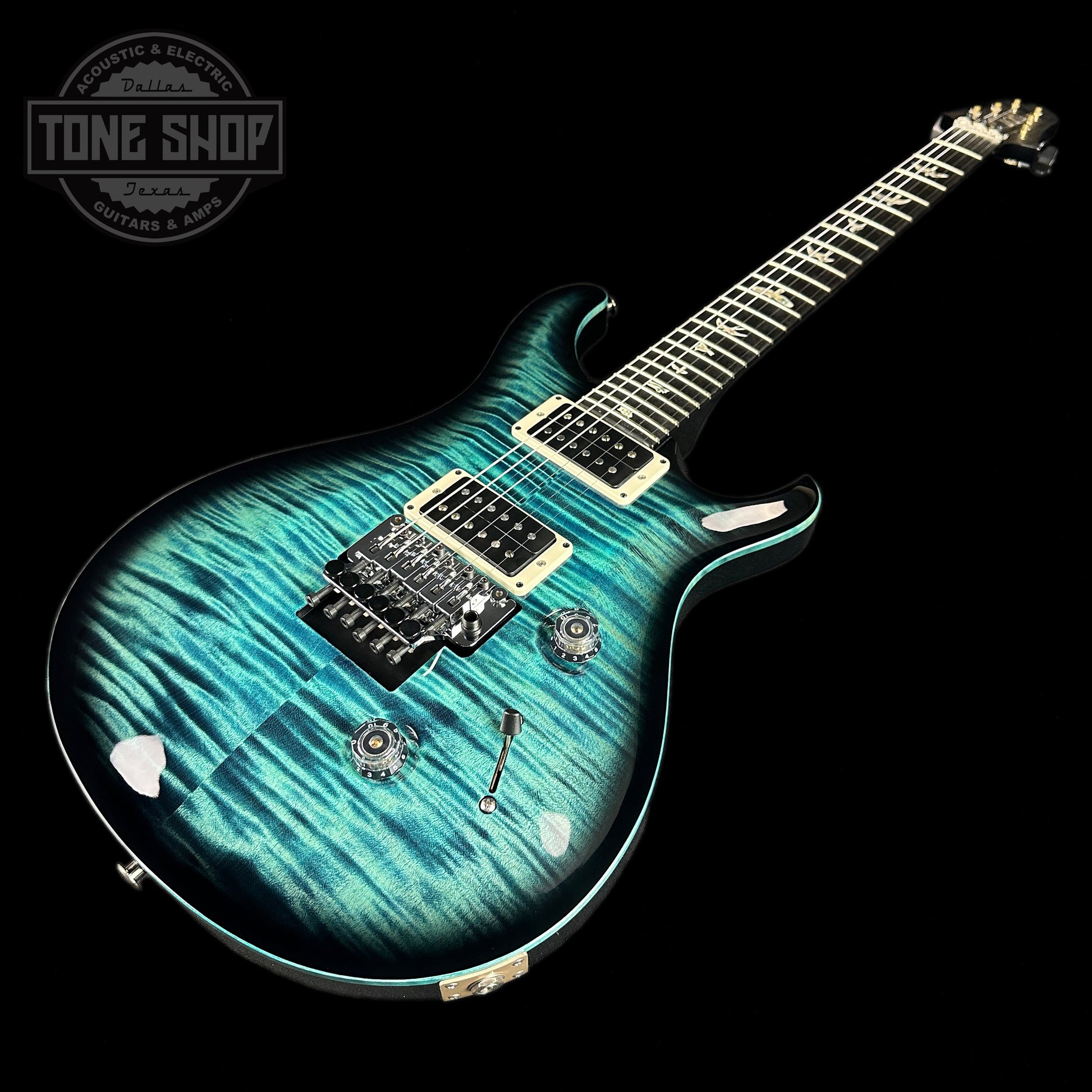 Front angle of PRS Custom 24 Floyd 10 Top Cobalt Smokeburst.