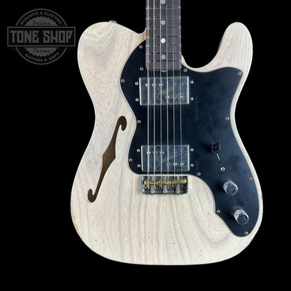 Front of Fender Custom Shop Limited Edition 'Bobbed" Tele Thinline Relic Aged White Blonde.