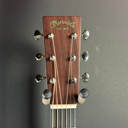 Front of headstock of Used Martin OM-28 Natural.