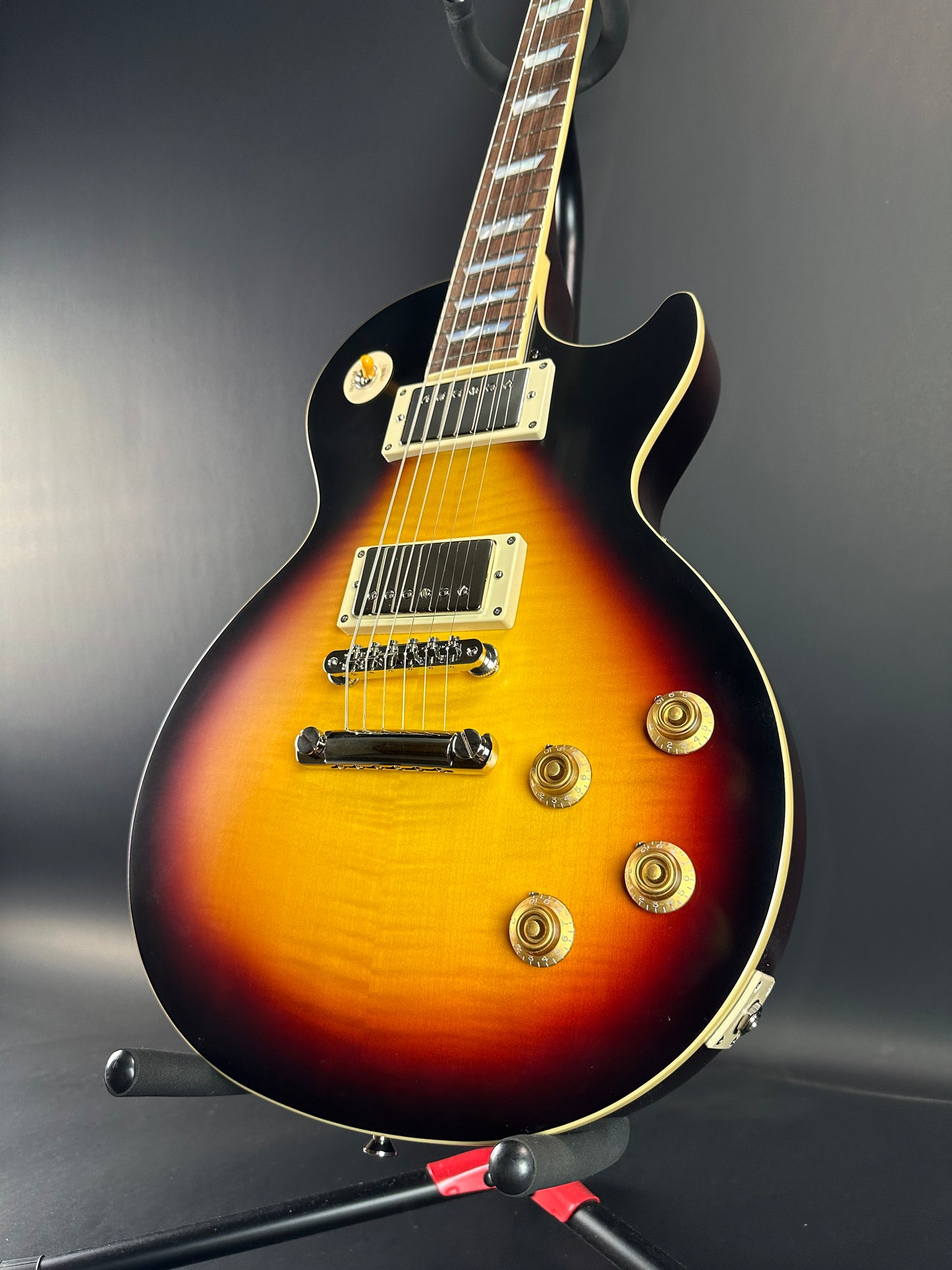 Front angle of Used Epiphone Inspired by Gibson Custom 1959 Les Paul Standard Tobacco Sunburst.