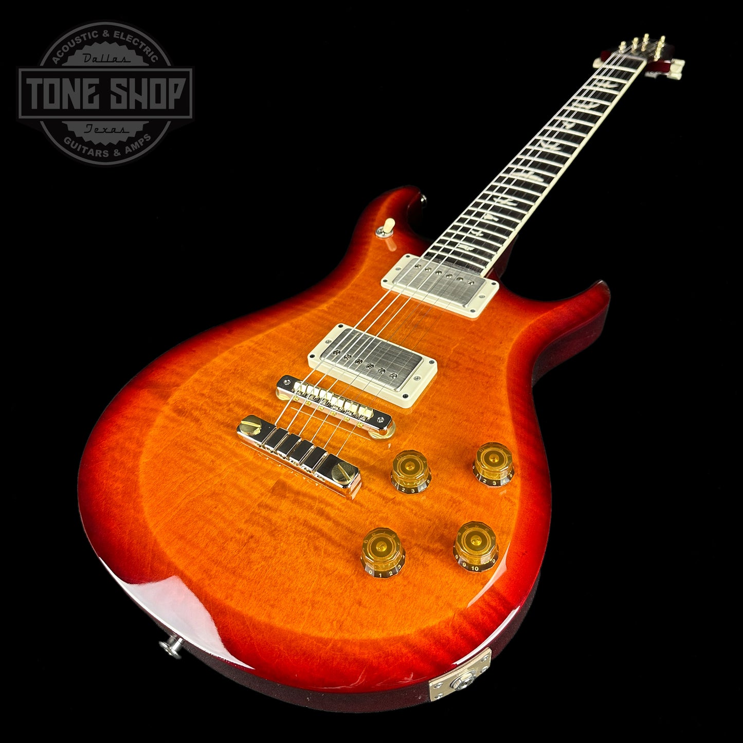 Front angle of PRS S2 McCarty 594 2024 Spec TSG Flame Top Dark Cherry Sunburst.