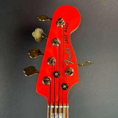 Front of headstock of Used Fender MonoNeon Jazz Bass.