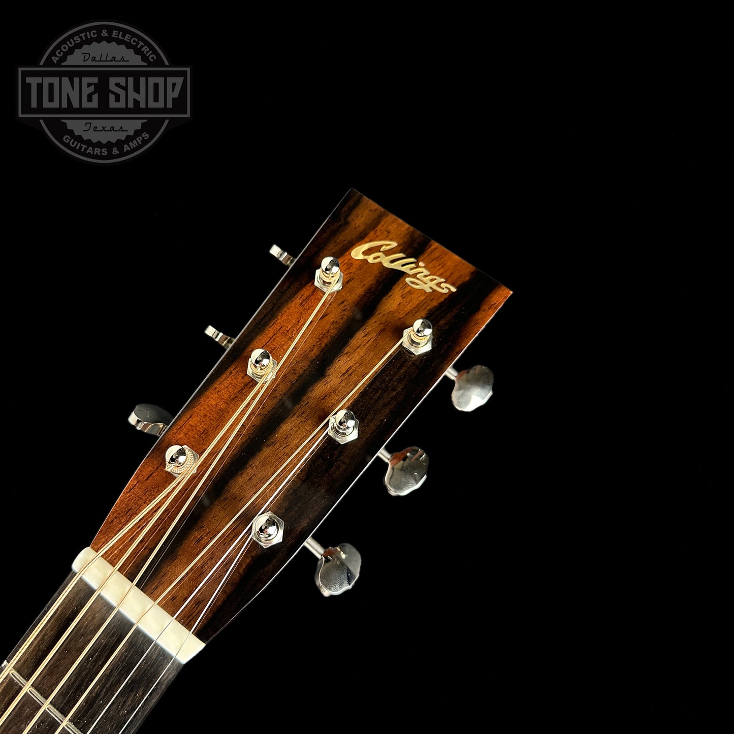 Front of headstock of Collings D2H Satin Neck Sitka/EIR.