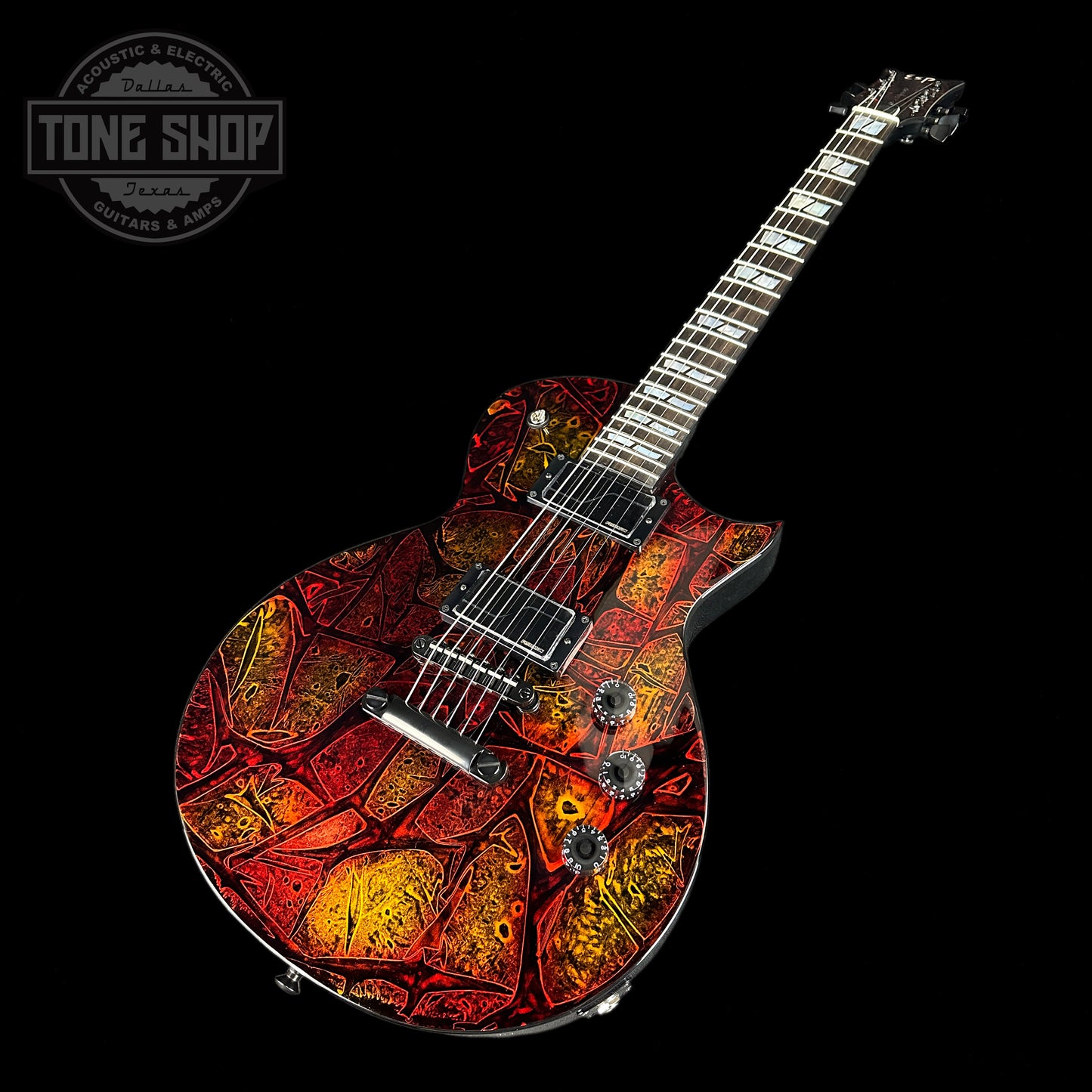 Front angle of ESP USA Eclipse Hellfire.