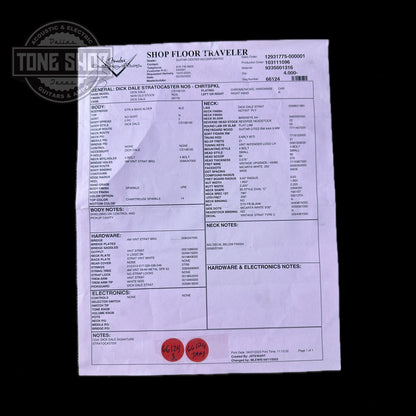 Spec sheet for Used Fender Custom Shop Dick Dale Strat.