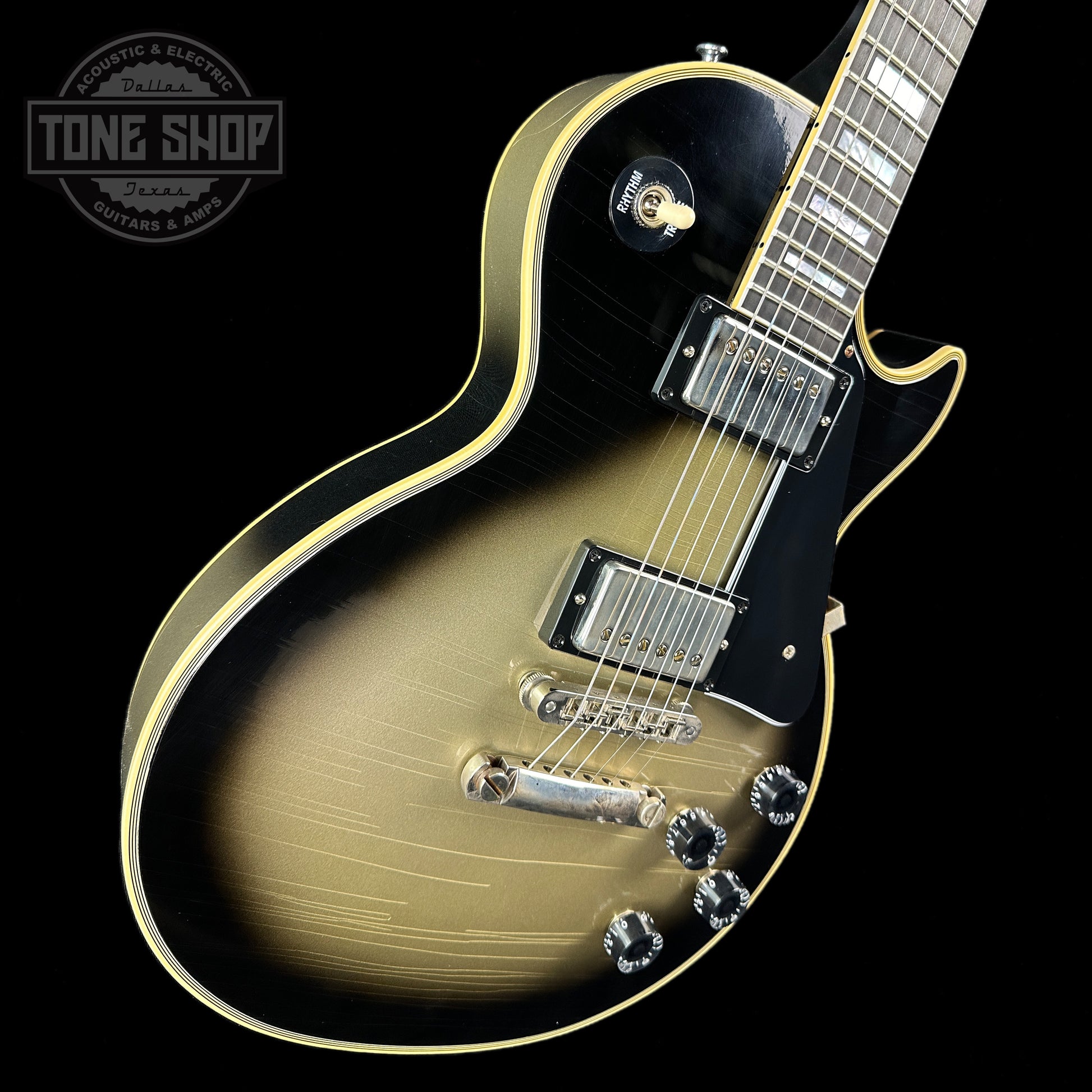 Front angle of Gibson Custom Shop Murphy Lab M2M Les Paul Custom Chambered Antique Silverburst Ultra Light Aged NH.