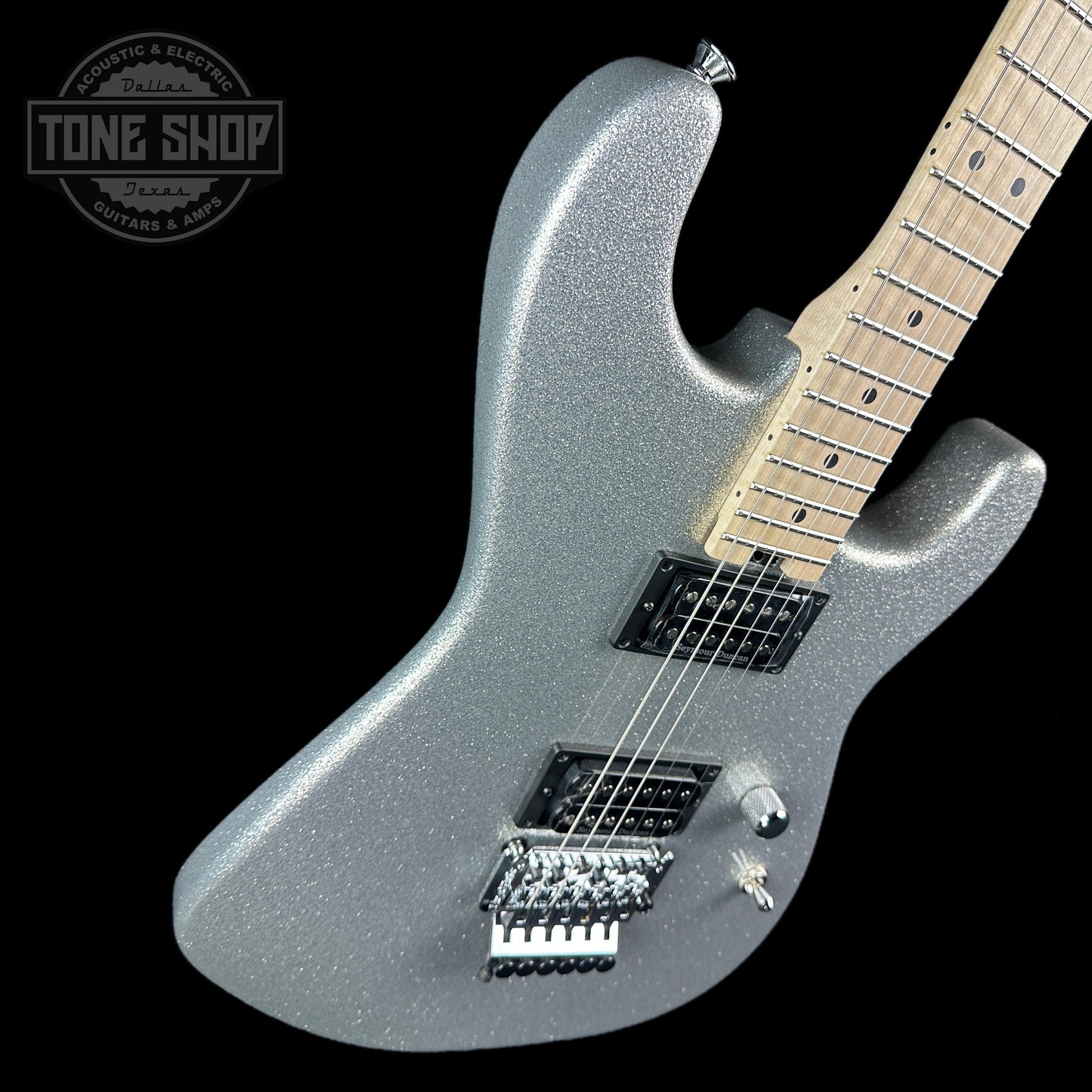 Front angle of Charvel Custom Shop SD 2H FR Silver Sparkle