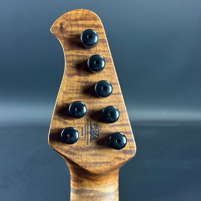 Back of headstock of Used Ernie Ball Music Man Kaizen 7 Apollo Black.