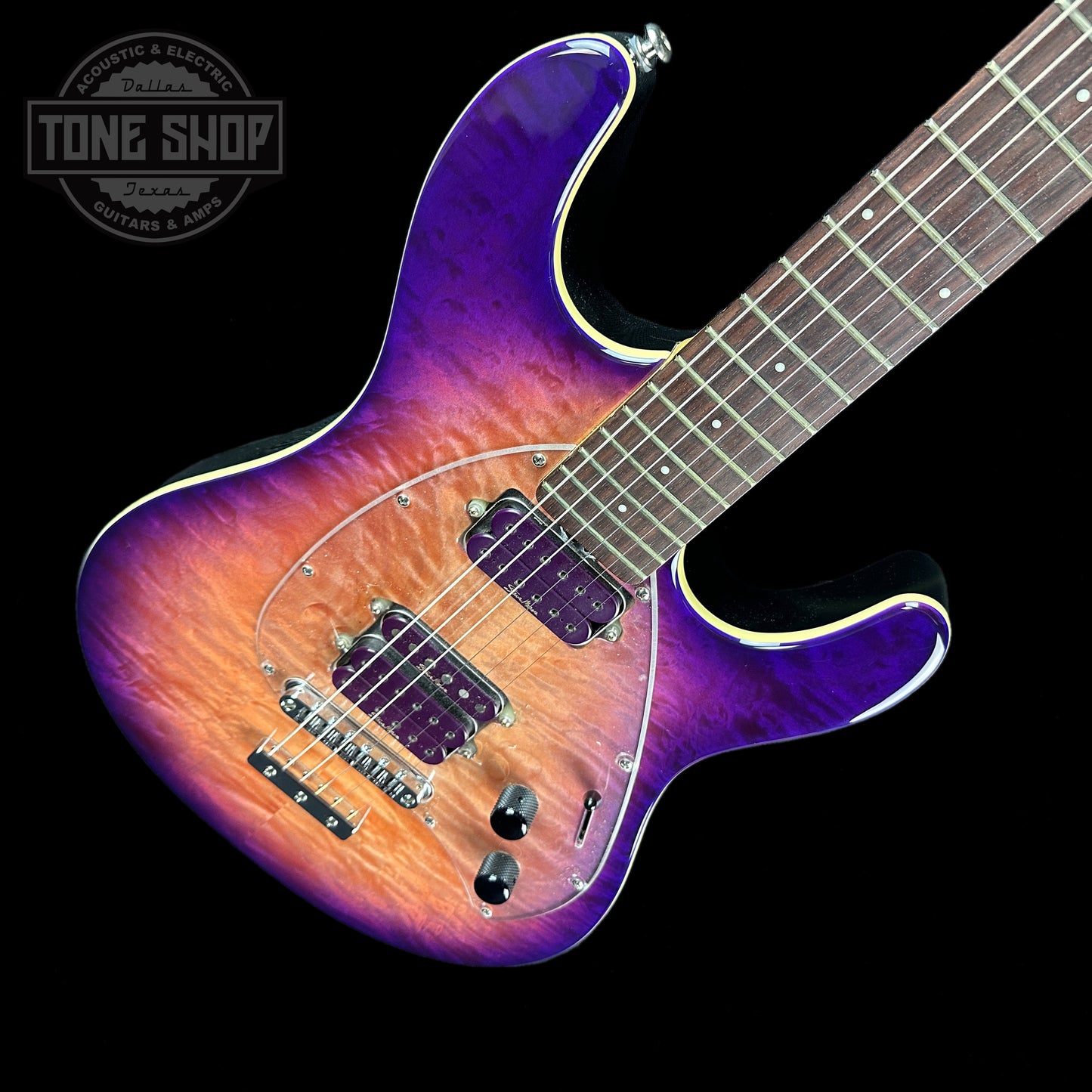 Front angle of Used 2008 Ernie Ball Steve Morse Y2D Purple Sunset.