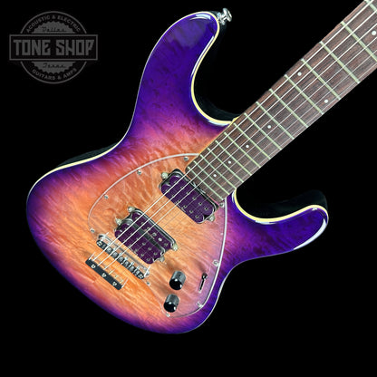 Front angle of Used 2008 Ernie Ball Steve Morse Y2D Purple Sunset.