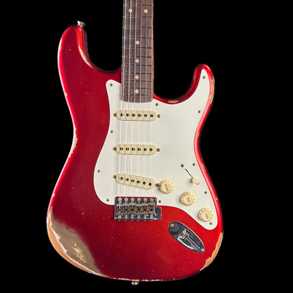 Front of body of Fender Custom Shop 59 Strat Heavy Relic Super Faded Aged Candy Apple Red.