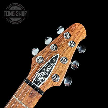 Front of headstock of Powers Electric A-Type Fern Green PF42 Firestripe Delrin Warm CamTail.