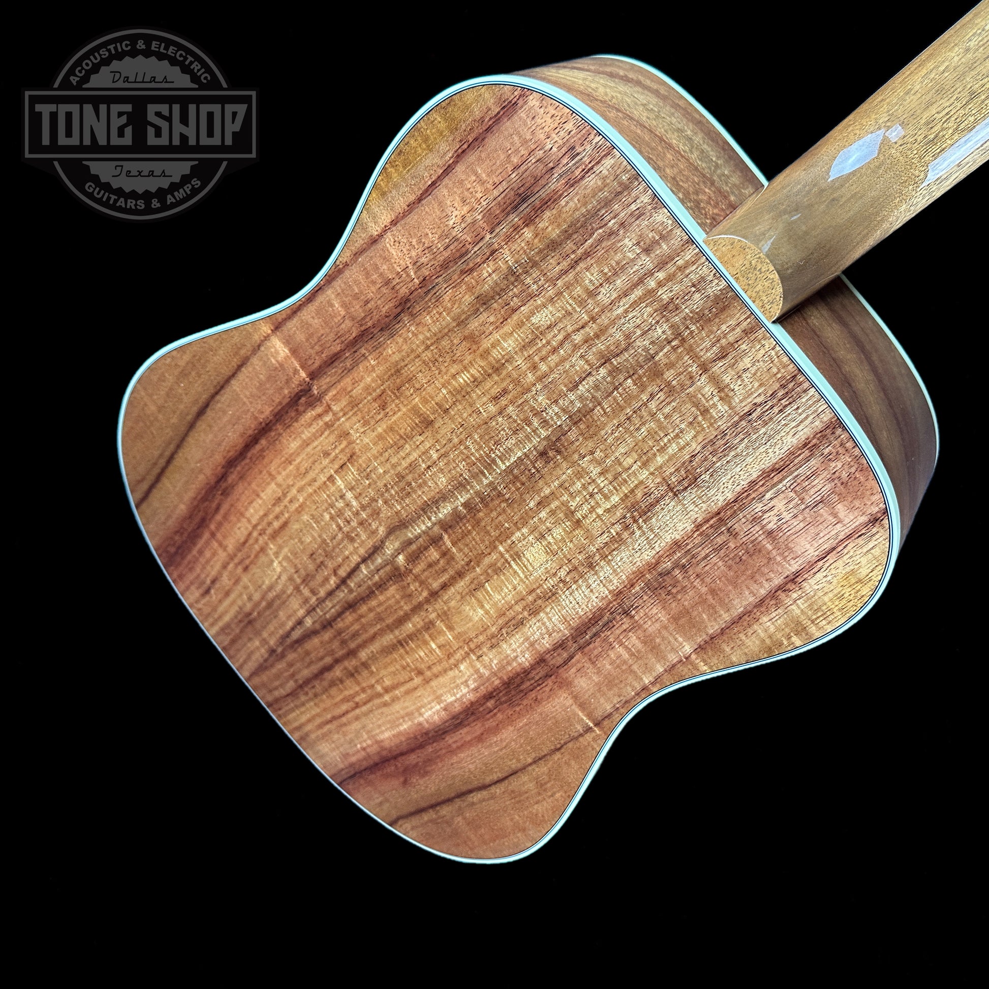 Back angle of Gibson Custom Shop M2M All Koa Hummingbird Gold Hardware Grover Tulips.