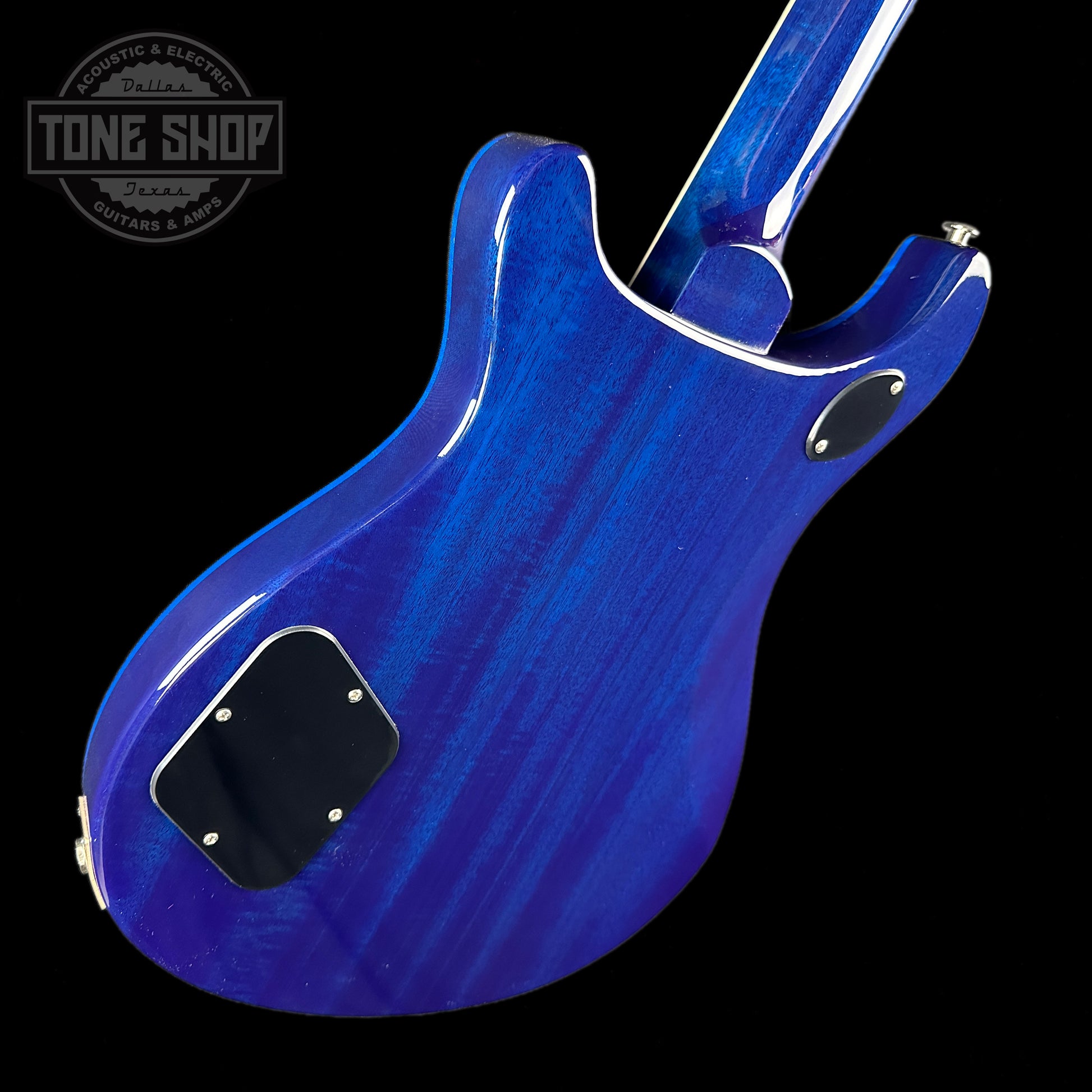 Back angle of PRS S2 McCarty 594 2024 Spec TSG Flame Top Lake Blue.