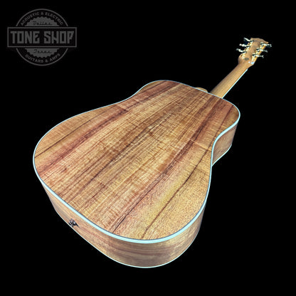 Back angle of Gibson Custom Shop M2M All Koa Hummingbird Gold Hardware Grover Tulips.