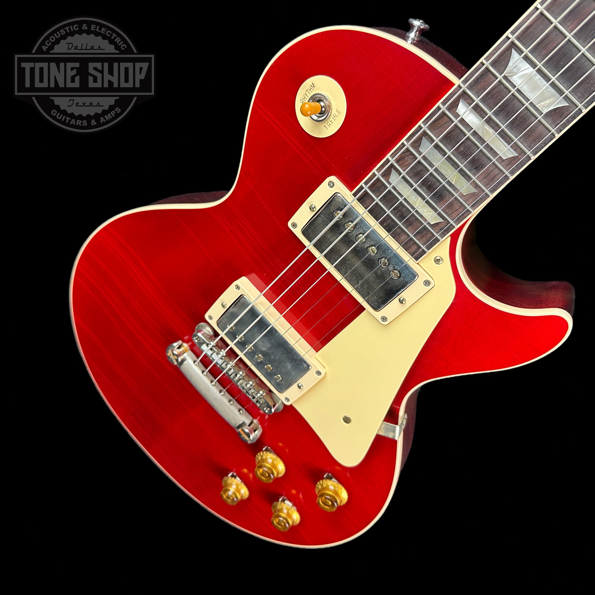 Front angle of Gibson Custom Shop Dealer's Choice 1958 Les Paul Standard Chambered Sweet Cherry Murphy Lab Ultra Light Aged.