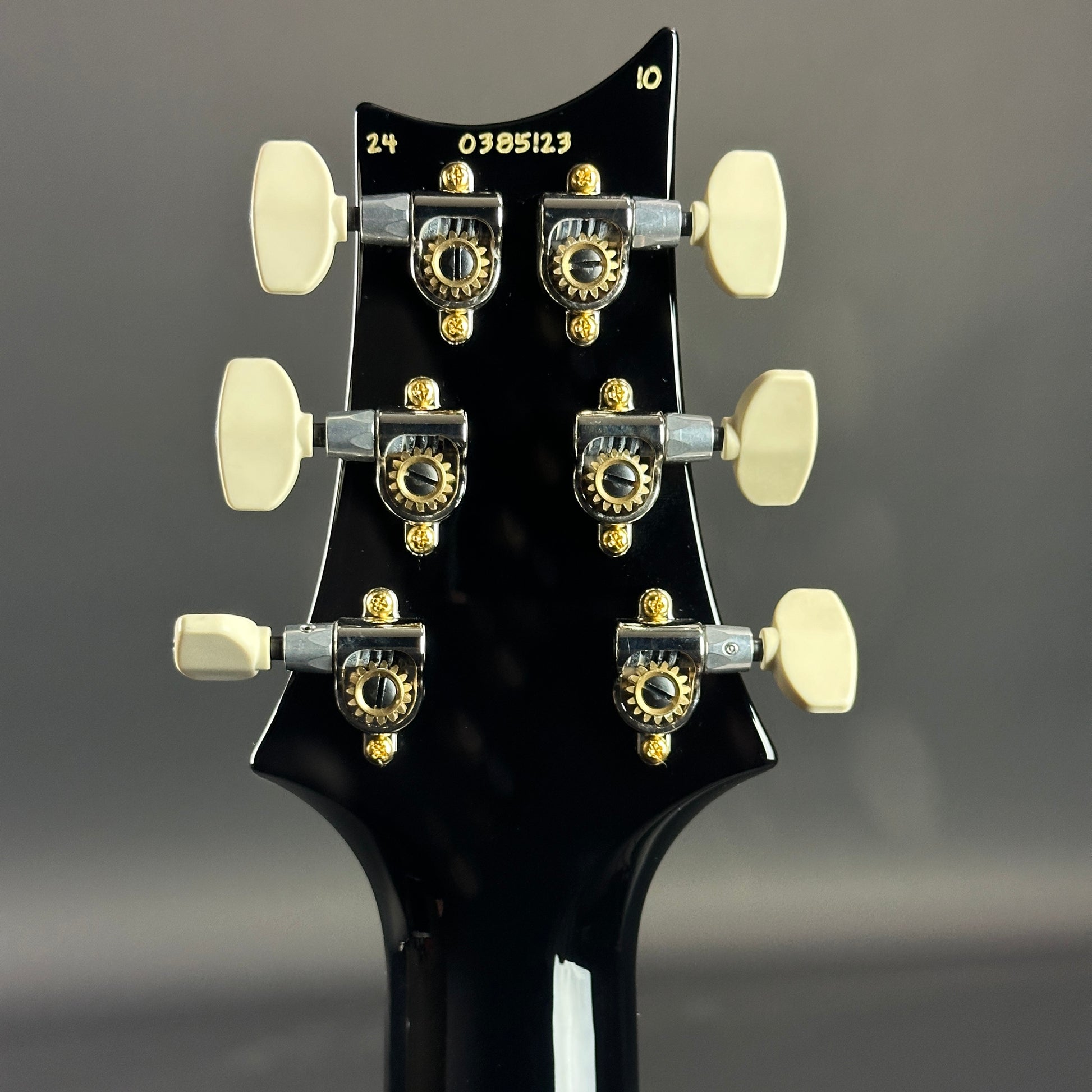 Back of headstock of PRS Custom 24-08 10 Top Fire Smokeburst.