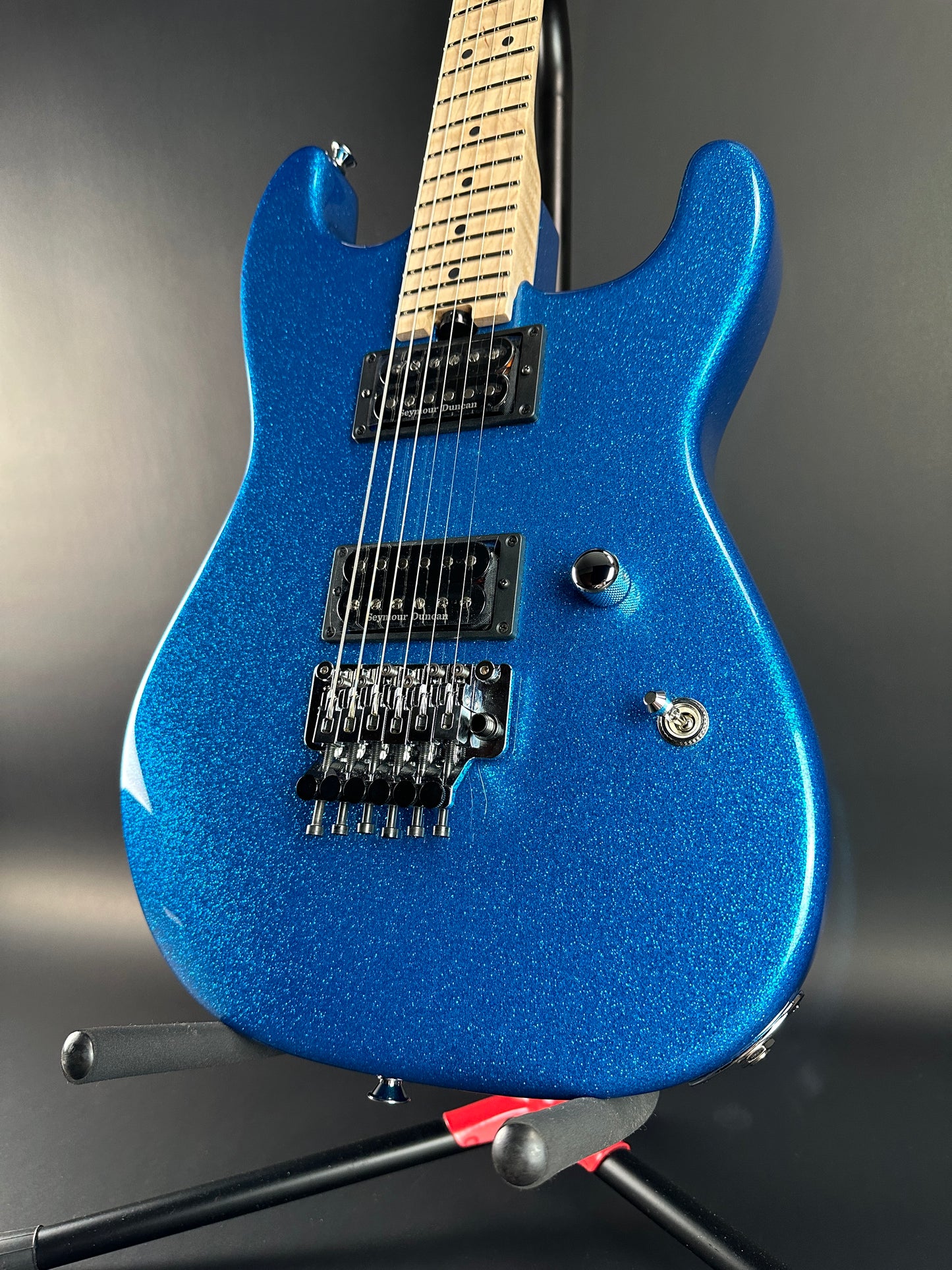 Front angle of Charvel Custom Shop San Dimas 2H FR Blue Sparkle.