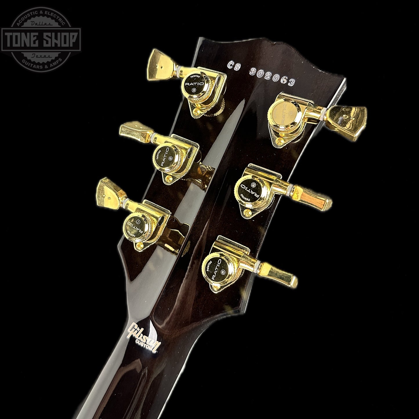 Back of headstock of Used Gibson Custom Shop Les Paul Axcess Custom Figured Top Bengal Burst.