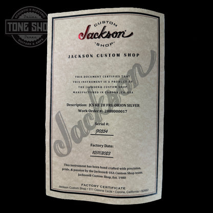 Certificate of authenticity for Jackson Custom Shop KE 2H FRU ORION SILVER.